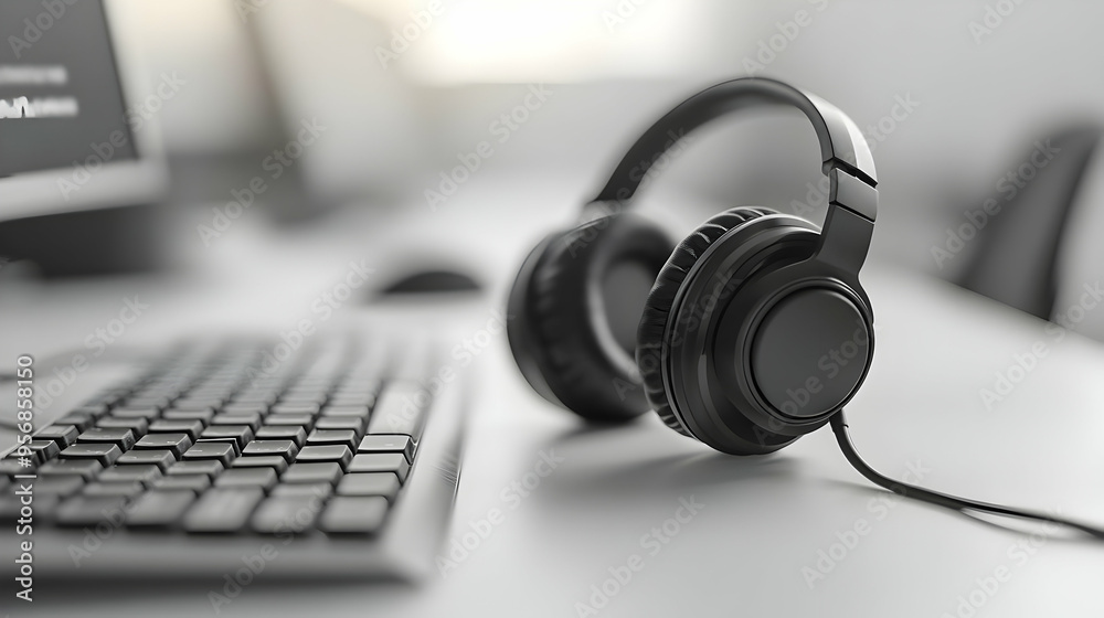 Headset and keyboard with Stay Connected text isolated on white background concept as Camera movement Focus on the headset and keyboard emphasizing the connectivity message. Scene Clean professional s Headset and keyboard with Stay Connected text isolated on white background concept as Camera movement Focus on the headset and keyboard emphasizing the connectivity message. Scene Clean professional s