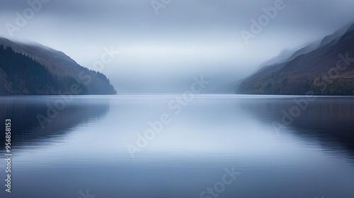 The serene shores of Loch Ness in Scotland, with misty waters and surrounding hills, completely devoid of people.