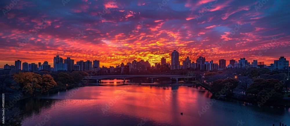 Fototapeta premium Captivating City Skyline at Sunset with Vibrant Contrast of Natural and Artificial Lights The scene captures the dynamic nature of a city as day turns to night