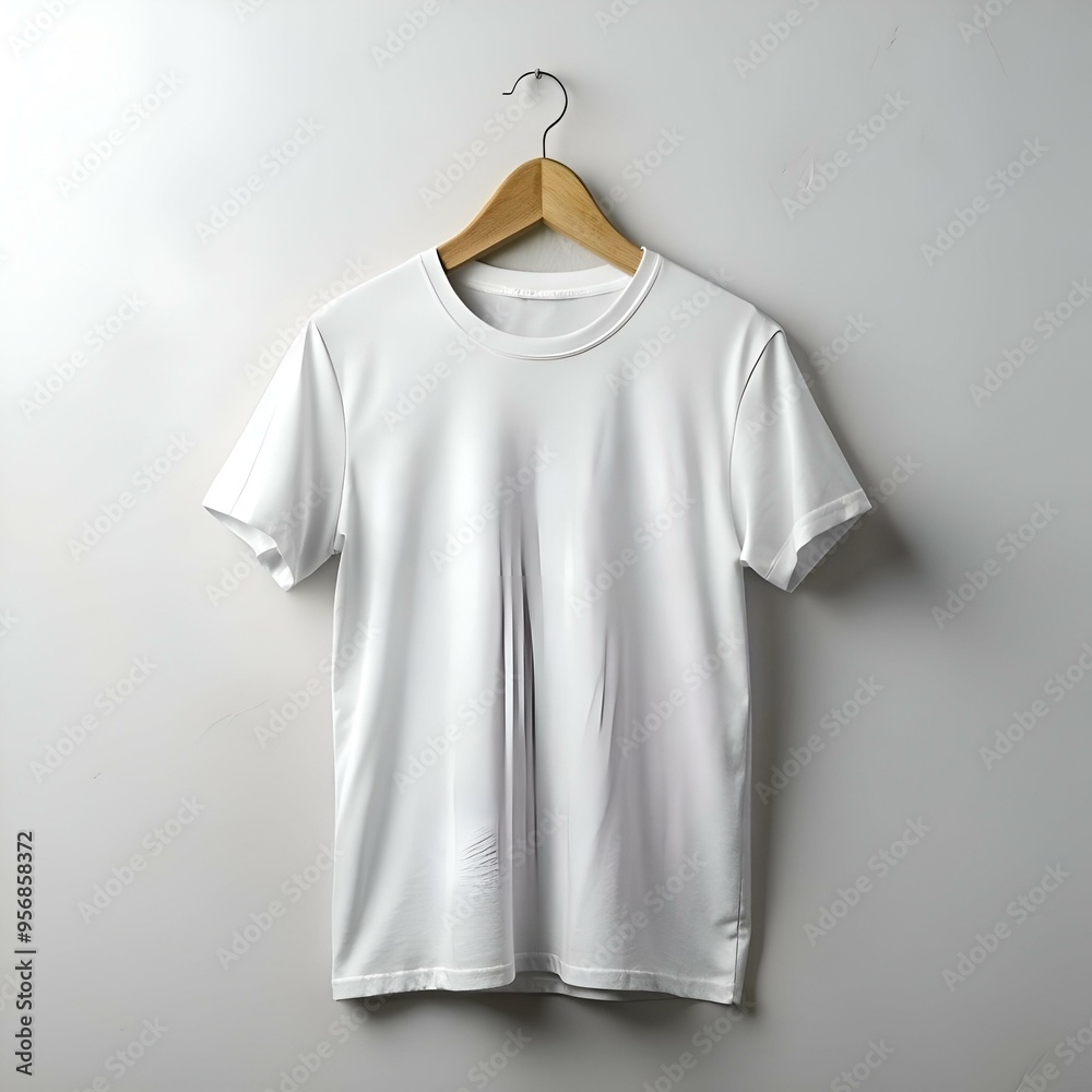 A clean. white t shirt hangs on a wooden hanger against a plain white background. A clean. white t shirt hangs on a wooden hanger against a plain white background.