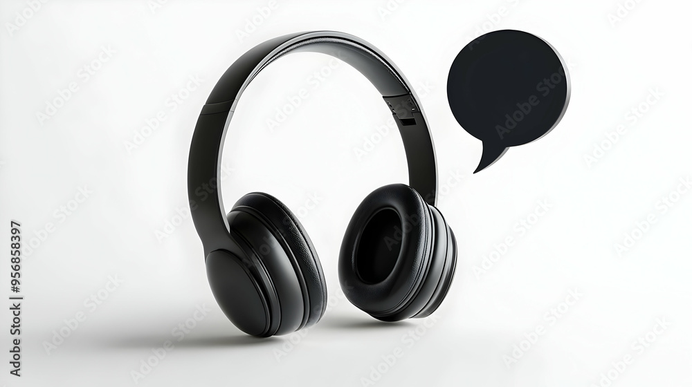 Headset with Speech Bubble concept as A sleek headset with a speech bubble above it symbolizing clear communication during virtual meetings isolated on a white background for easy integration into any Headset with Speech Bubble concept as A sleek headset with a speech bubble above it symbolizing clear communication during virtual meetings isolated on a white background for easy integration into any