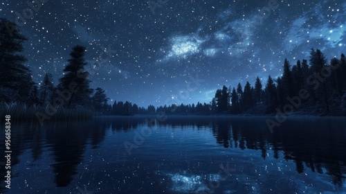 3D cartoon rendering of a starry sky above a tranquil lake photo