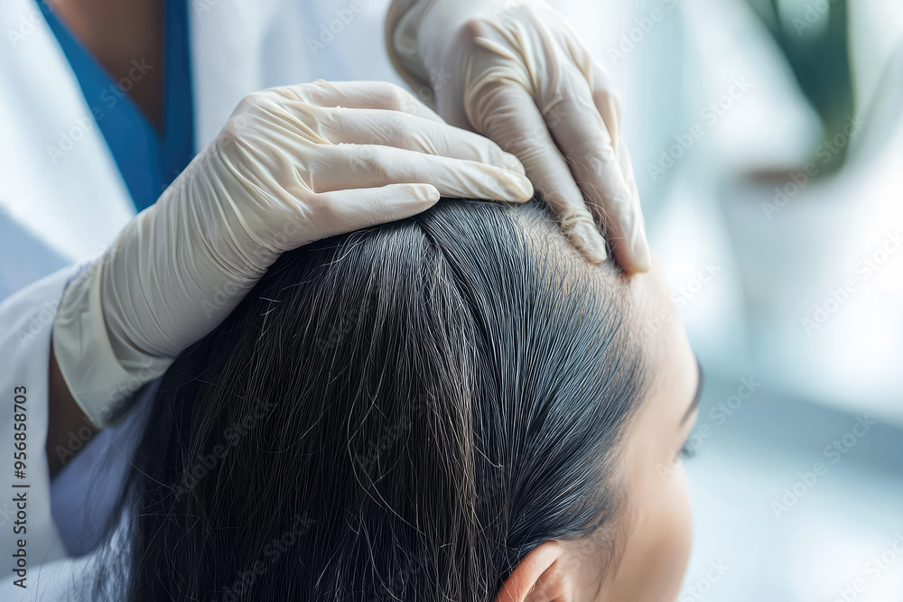 Naklejka premium A Dermatologist's Gentle Touch: Examining a Patient's Scalp for Signs of Hair Loss or Skin Conditions.