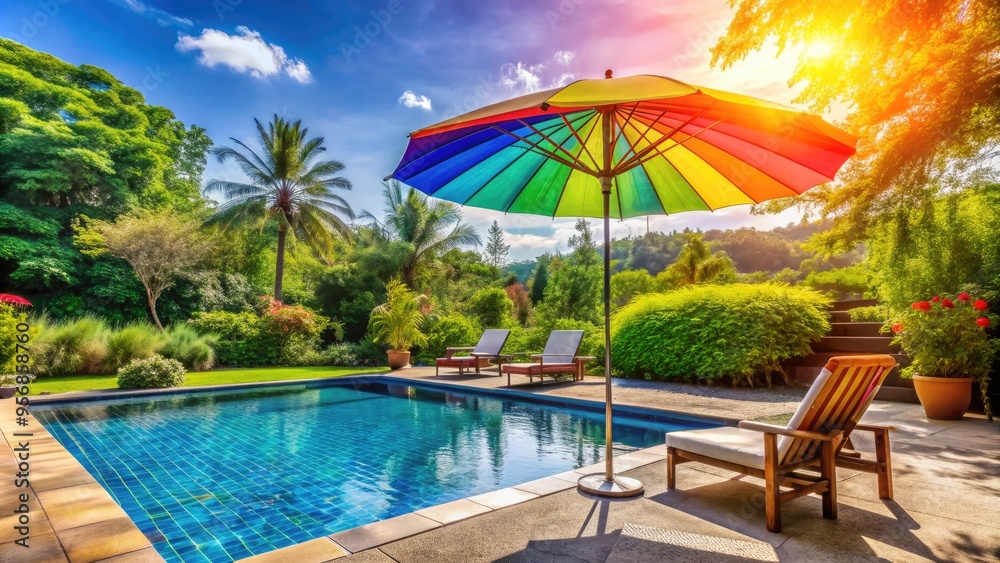 A vibrant colorful umbrella stands tall beside a crystal-clear swimming pool, surrounded by lush greenery and sun-kissed lounge chairs on a bright summer day. A vibrant colorful umbrella stands tall beside a crystal-clear swimming pool, surrounded by lush greenery and sun-kissed lounge chairs on a bright summer day.