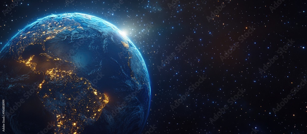 Obraz premium 3D cartoon rendering showcasing a blue planet Earth from space highlighting the continent at night featuring a globe with a blue glow and sunlight during sunrise set against a backdrop of stars