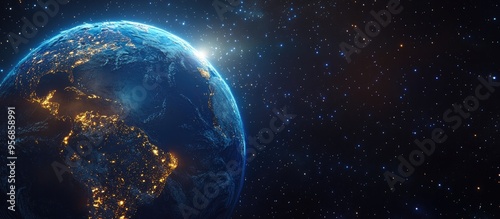 3D cartoon rendering showcasing a blue planet Earth from space highlighting the continent at night featuring a globe with a blue glow and sunlight during sunrise set against a backdrop of stars