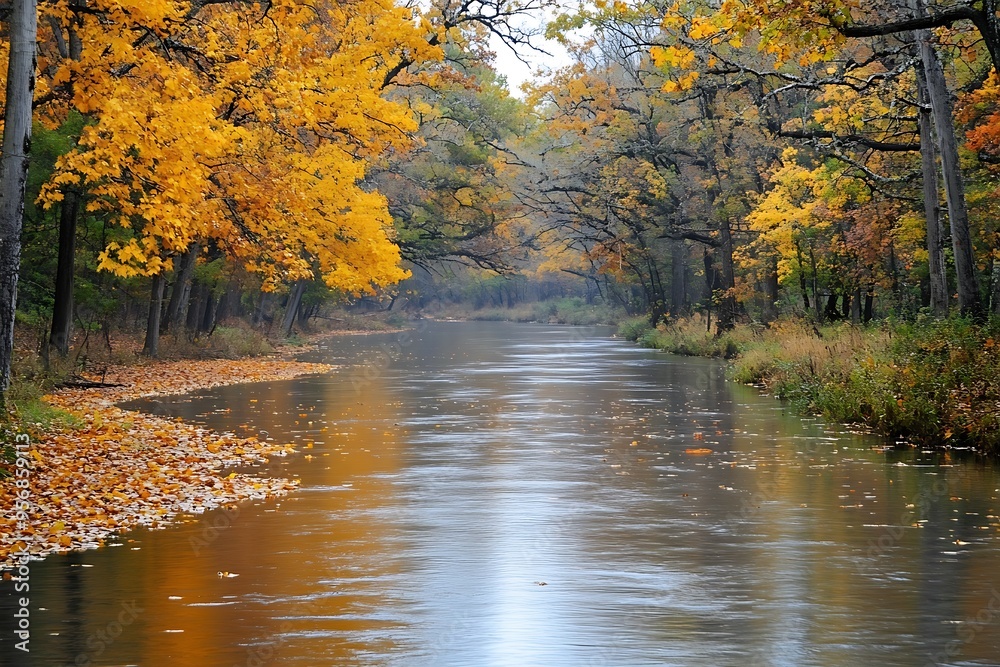 A calm river meandering through a forest in full autumn bloom. The banks are lined with trees showcasing bright fall colors, and fallen leaves float gently on the water’s surface. A calm river meandering through a forest in full autumn bloom. The banks are lined with trees showcasing bright fall colors, and fallen leaves float gently on the water’s surface.
