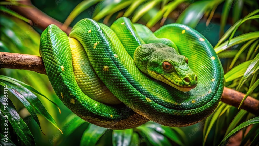 Obraz premium A vibrant green tree python snake wraps its body around a thick branch, blending seamlessly into the lush, tropical foliage of its natural habitat.