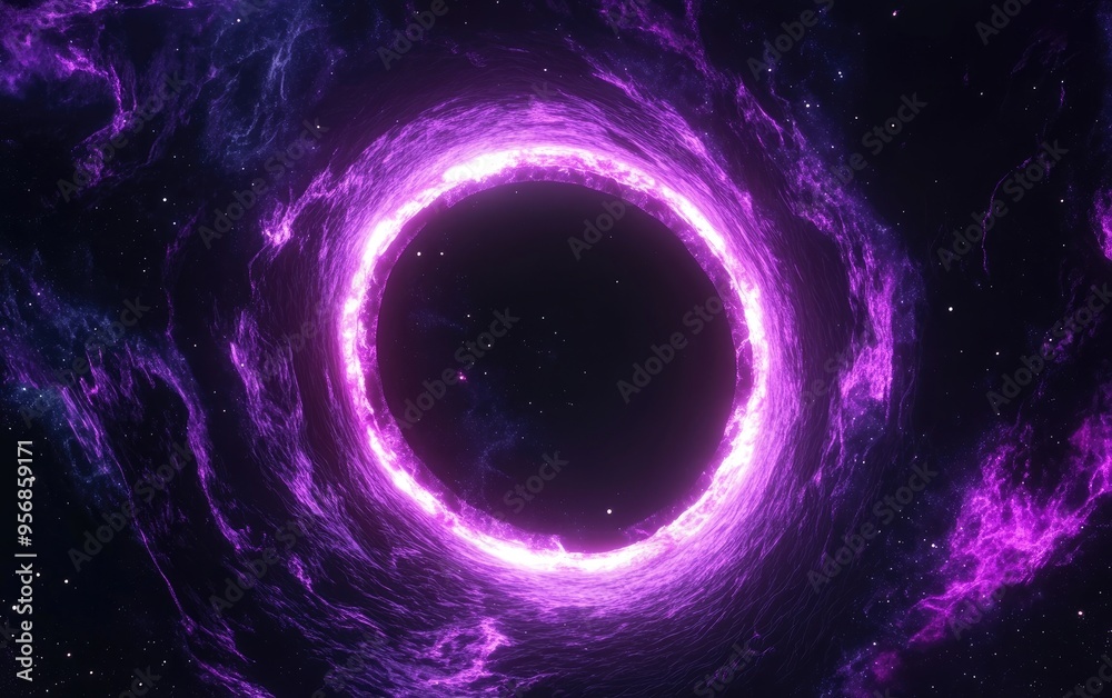 Slowly rotating black hole in space rendered in 3D cartoon style featuring the event horizon Slowly rotating black hole in space rendered in 3D cartoon style featuring the event horizon