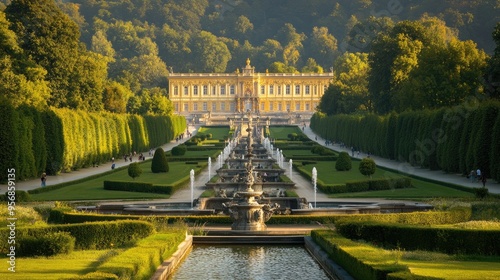 The tranquil gardens of Schonbrunn Palace in Vienna, Austria, with its ornate fountains and pathways, entirely empty of tourists photo