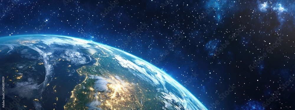 Obraz premium A view from outer space showcasing Planet Earth in a 3D cartoon style featuring dark cosmos with stars and rare clouds of dust along with continents and oceans illustrated in a graphic drawing