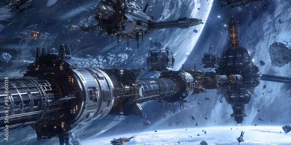 Futuristic spacecraft docking at a space station, depicting space exploration Futuristic spacecraft docking at a space station, depicting space exploration