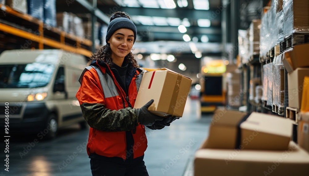 Delivery staff member handling a package at a busy warehouse. A glimpse ...