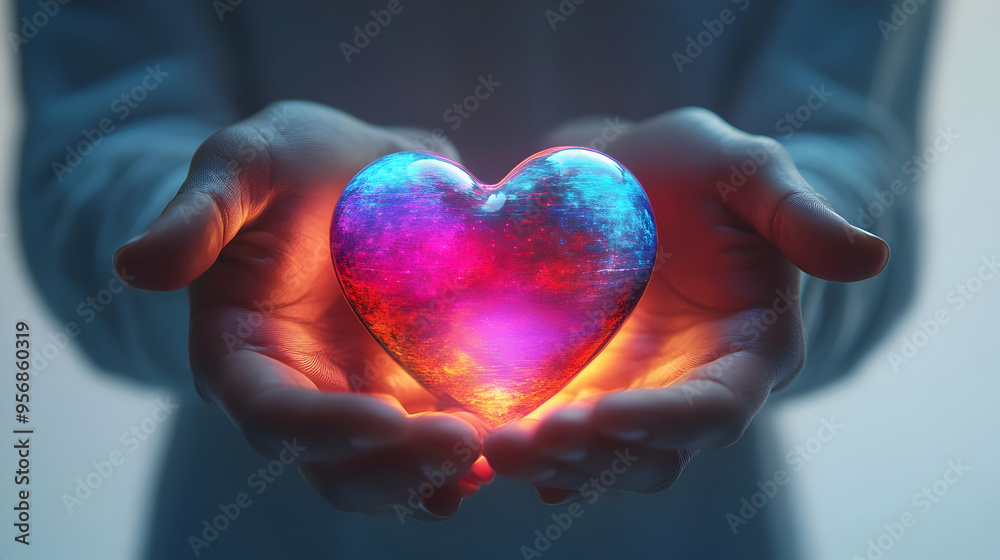 Holographic Family Hands with Glowing Heart concept as A vibrant holographic image of family hands holding a glowing heart isolated on a white background with ample copy space. Symbolizing unity and l Holographic Family Hands with Glowing Heart concept as A vibrant holographic image of family hands holding a glowing heart isolated on a white background with ample copy space. Symbolizing unity and l