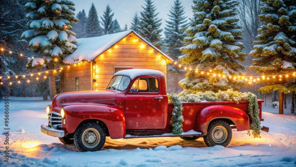 Fototapeta premium A vintage-style red pickup truck is decorated with festive holiday lights and a Christmas tree in the bed, parked in a snowy winter wonderland.