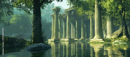3D rendering of ancient villa ruins featuring large Greek style columns encircled by vibrant green foliage in early spring