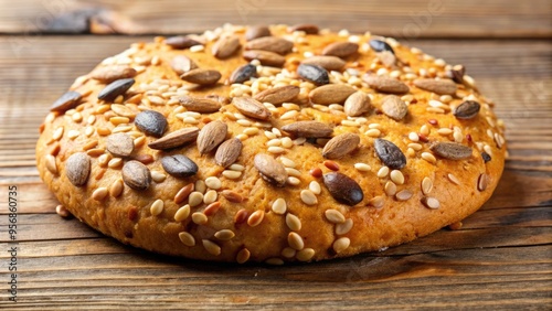 A warm, golden-brown cookie is generously stacked with a mixture of crunchy sesame seeds, poppy seeds, and sunflower seeds, creating a nutritious treat. photo