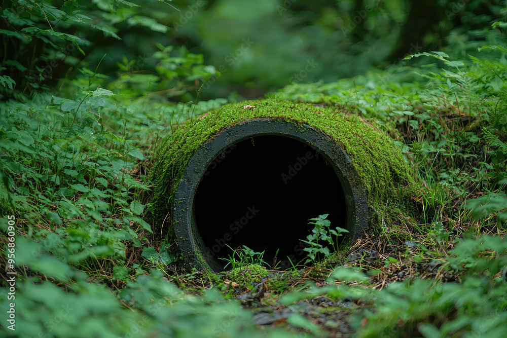 A Mossy Portal: A forgotten drainpipe whispers secrets from within the lush green embrace of a hidden forest. A Mossy Portal: A forgotten drainpipe whispers secrets from within the lush green embrace of a hidden forest.