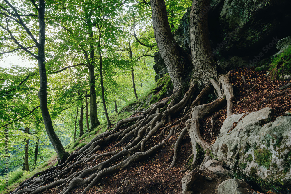 Ancient Roots Embrace the Sloping Earth, A Tapestry of Life Woven into the Forest Floor. Ancient Roots Embrace the Sloping Earth, A Tapestry of Life Woven into the Forest Floor.