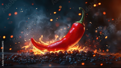 Close up of a hot red chili pepper burning in flames against a dark background photo