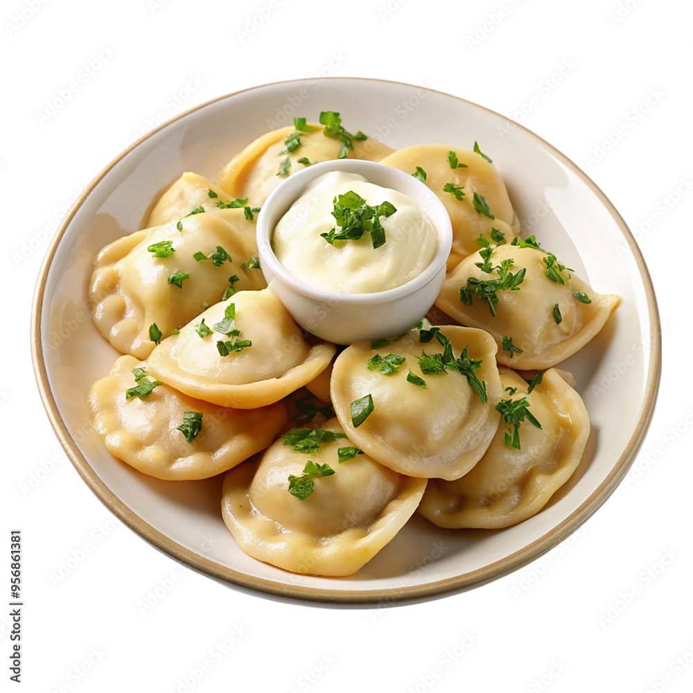A plate of perogies with sour cream isolated on transparent background. A plate of perogies with sour cream isolated on transparent background.