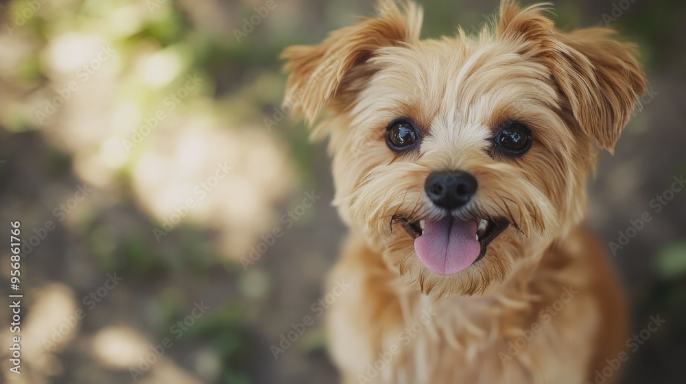 Detailed shot of a small dog with a cheerful demeanor, sitting with its tongue out and eyes sparkling, emphasizing its playful personality. - Detailed shot of a small dog with a cheerful demeanor, sitting with its tongue out and eyes sparkling, emphasizing its playful personality. -
