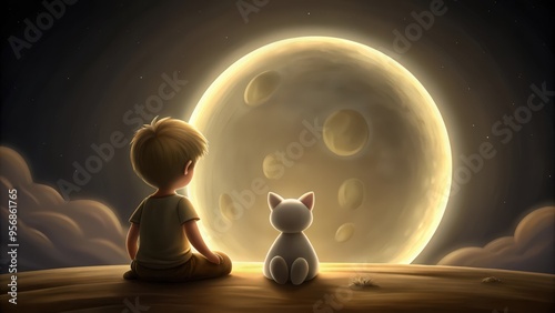 Boy and Cat Gazing at a Giant Moon in the Night Sky
