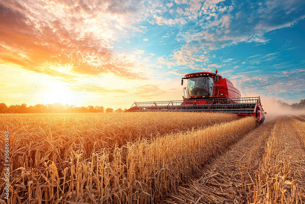Obraz premium A Red Combine Harvester Cuts Through a Golden Wheat Field at Sunset, Leaving a Trail of Dust in Its Wake.
