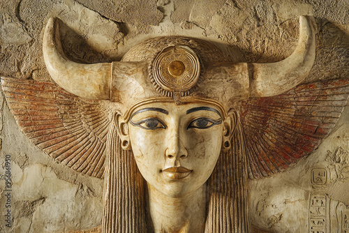 Hathor, the Divine Mother: A Serene Depiction of the Egyptian Goddess of Love, Beauty, and Motherhood. photo