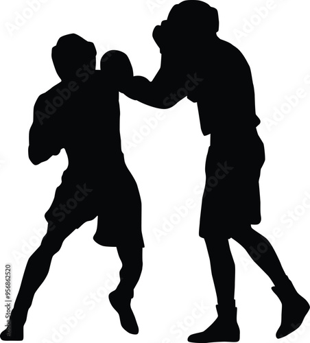 Boxer silhouette illustration. People pose while boxing isolated on white.