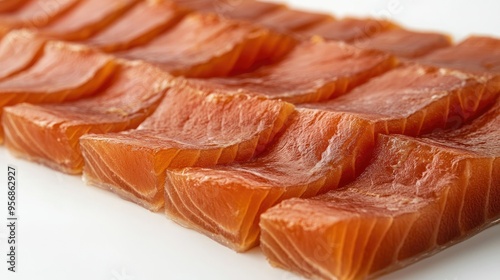 Detailed shot of salmon belly slices with a rich, fatty texture, set against a white background to emphasize the quality and freshness of the cut.