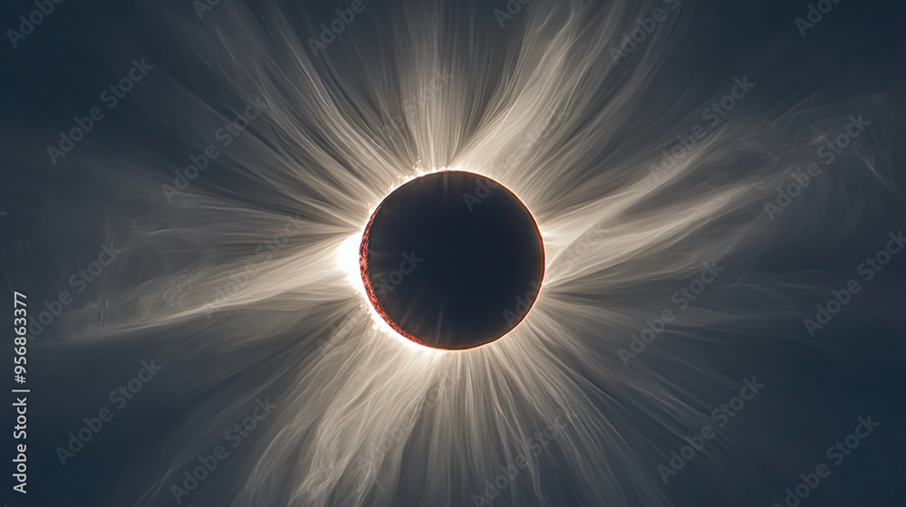 Naklejka premium Detailed shot of the solar eclipse with the sun corona clearly visible, surrounded by the darkened sky and any visible atmospheric effects.