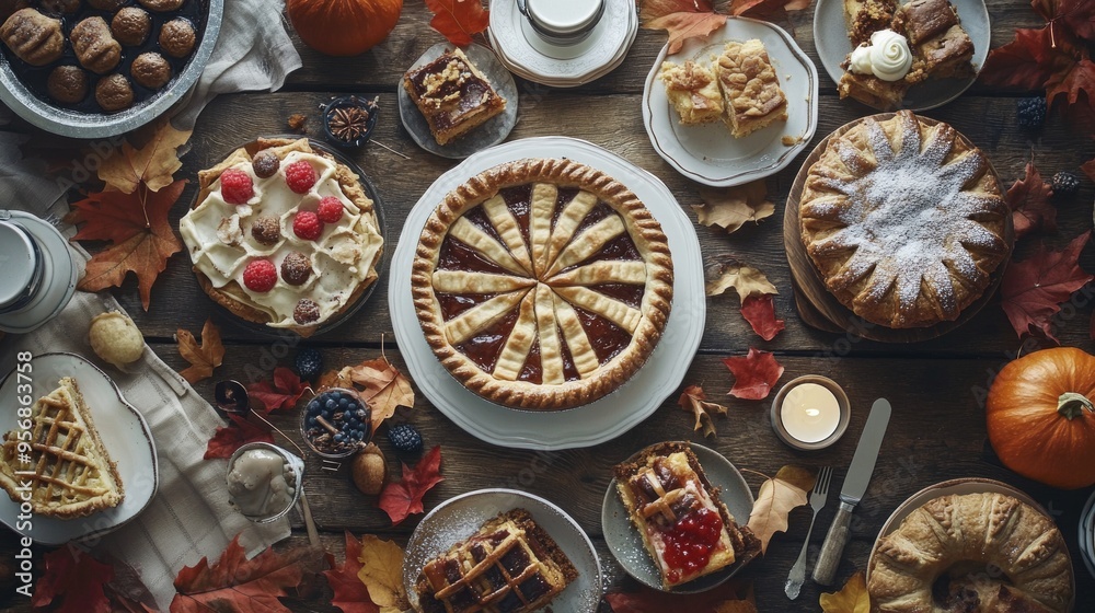 An elegant dessert display featuring seasonal pies, cakes, and pastries for a cozy Thanksgiving celebration An elegant dessert display featuring seasonal pies, cakes, and pastries for a cozy Thanksgiving celebration