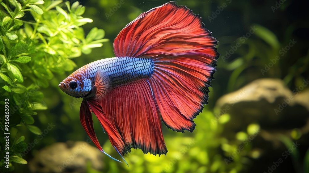 Detailed view of a majestic Betta fish with a full display of its colorful fins and dynamic posture, set against a lush underwater plant backdrop. Detailed view of a majestic Betta fish with a full display of its colorful fins and dynamic posture, set against a lush underwater plant backdrop.