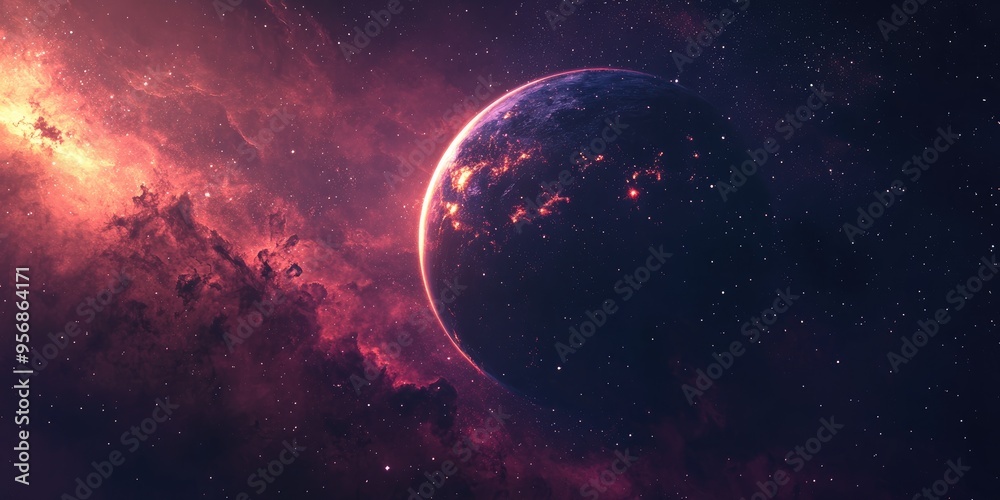 Abstract depiction of a planet with solar flares in a vast cosmic setting star nebula contrasting with a dark background Abstract depiction of a planet with solar flares in a vast cosmic setting star nebula contrasting with a dark background
