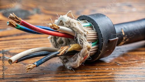 A worn and damaged power cord with frayed wires and exposed insulation hangs loosely, posing a potential electrical hazard and safety risk. photo