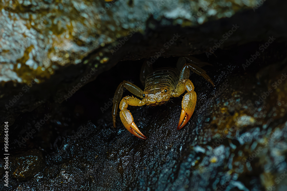 A Scorpion's Gaze: Emerging from the Shadows, a Yellow-Brown Scorpion Poised with Its Claws Ready. A Scorpion's Gaze: Emerging from the Shadows, a Yellow-Brown Scorpion Poised with Its Claws Ready.