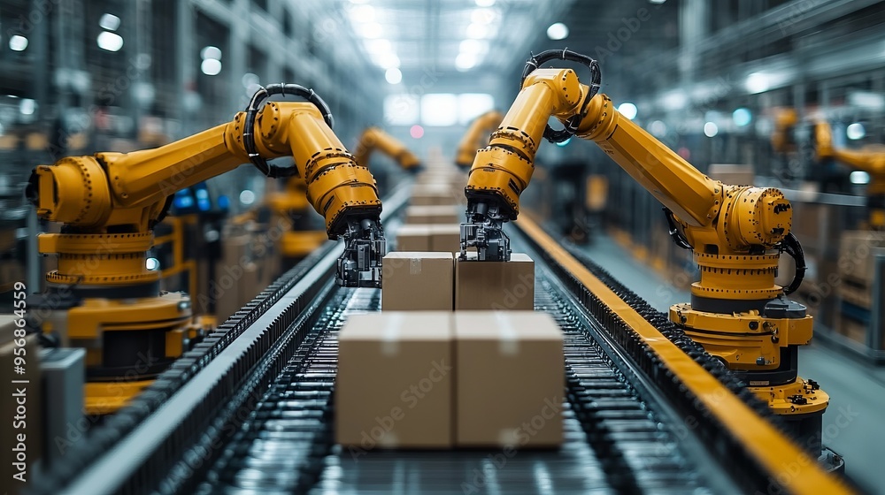 Yellow Robotic Arms Moving Boxes Along Conveyor Belt in Industrial Factory, AI generated illustration