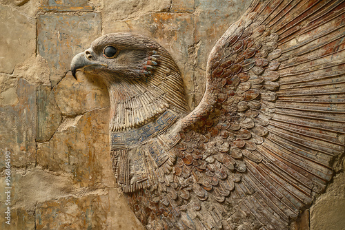 The Majestic Seker: A Falcon-Headed God Carved in Stone, His Wings Spread in a Powerful Display of Divine Might. photo