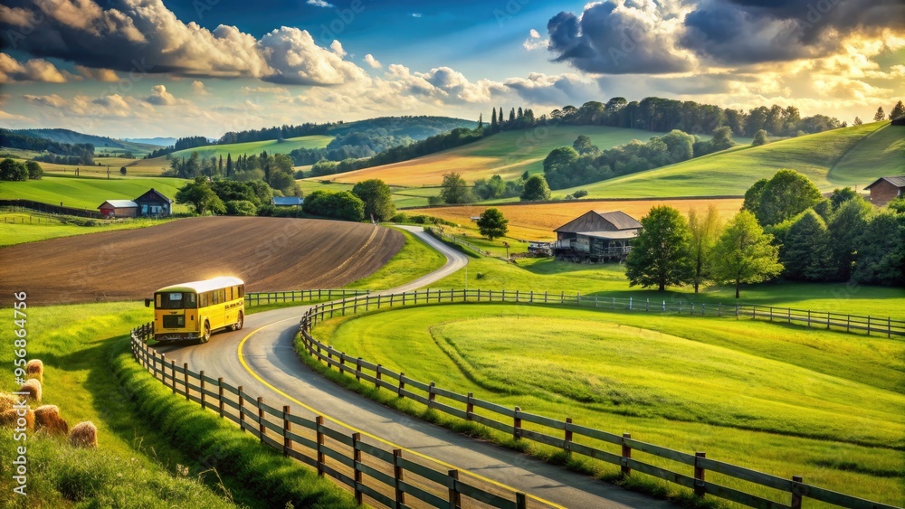 Fototapeta premium A yellow school bus travels down a winding country road lined with green pastures, farmland, and rustic wooden fences on a sunny afternoon.