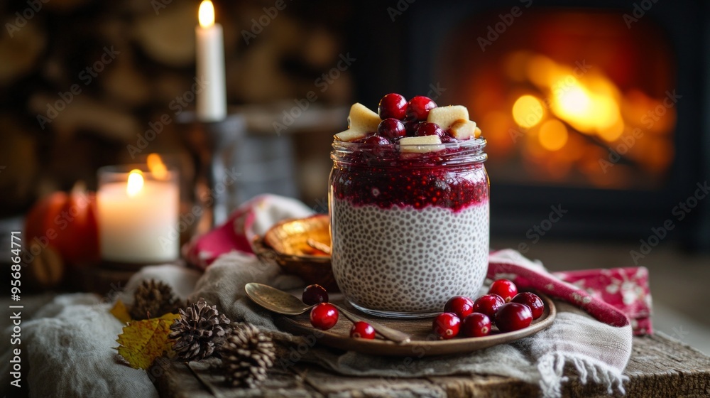 Healthy cranberry chia pudding layered with almond milk and fresh cranberries for a cozy Thanksgiving setting Healthy cranberry chia pudding layered with almond milk and fresh cranberries for a cozy Thanksgiving setting