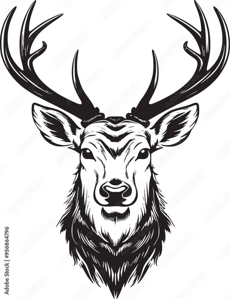 Rain Deer Head Black and White logo illustration for T-shirt design Rain Deer Head Black and White logo illustration for T-shirt design