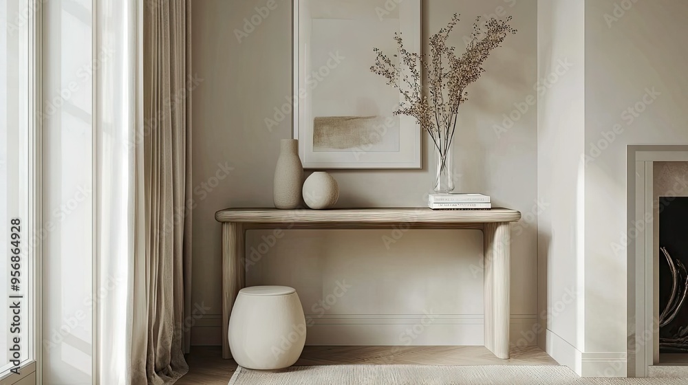 Fototapeta premium Detailed view of a minimalistic entryway with a sleek console table, simple decor, and a calm, neutral color scheme, emphasizing the home's clean design.