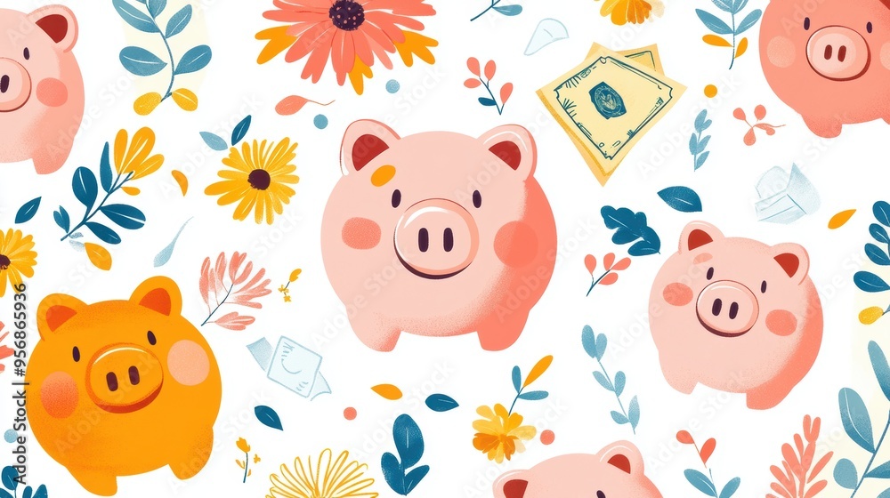 Obraz premium Happy Vibrant Financial Freedom Pattern with Cheerful Piggy Banks, Cash, and Financial Goals