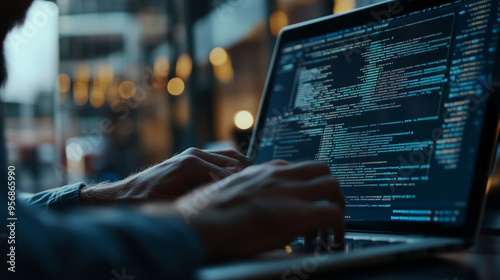 Software Developer Programming New Application on Laptop in Modern Office During Daytime, Focus on Code Screen and Hands, Concept of Technology and Innovation in Software Development