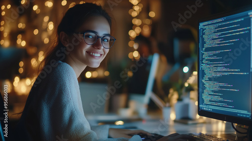 Young Woman Programmer Coding on Computer, Smiling and Confident, Coding Screen Visible, Evening Light Setting, Technology and Innovation Concept