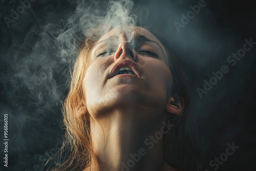 Lost in the Haze: A woman inhales smoke, her eyes closed, lost in a moment of intense sensation.