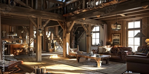 Dramatic illustration of a rustic farmhouse interior with wooden beams and cozy atmosphere