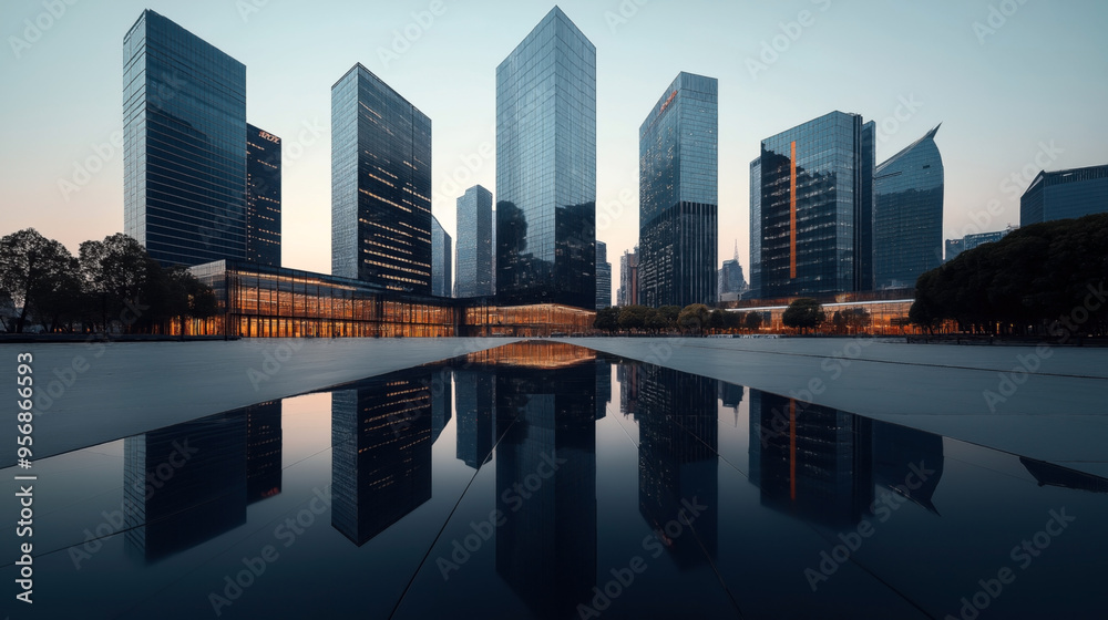 Obraz premium Modern cityscape with tall glass skyscrapers reflecting in a large water feature during evening, creating a symmetrical and serene urban scene.