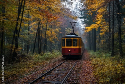 Autumn Forest with an Old Tram on the Tracks, AI generated illustration